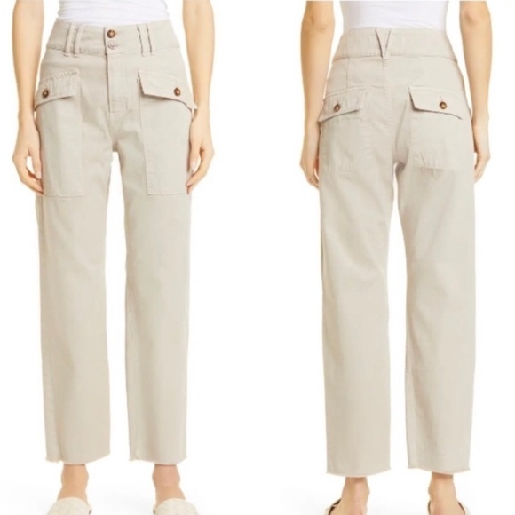 Veronica Beard Pants - Veronica Beard Blake Straight Raw Hem Cotton Utility Pants Tan 26